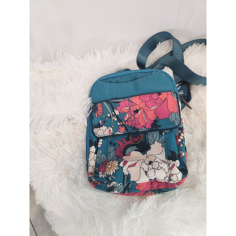 Sakroots Teal Floral Nylon Crossbody Bag Small Travel Organizer Purse